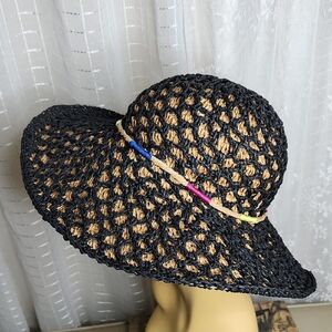 Betsey Johnson Black Floppy Wide Brim Paper Woven Straw Hat W/ Multi Color Band